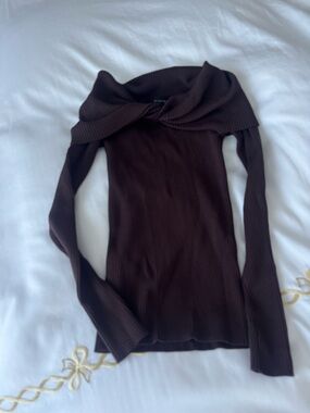 Ann Taylor Chocolate Brown Off-the-Shoulder Ribbed Sweater